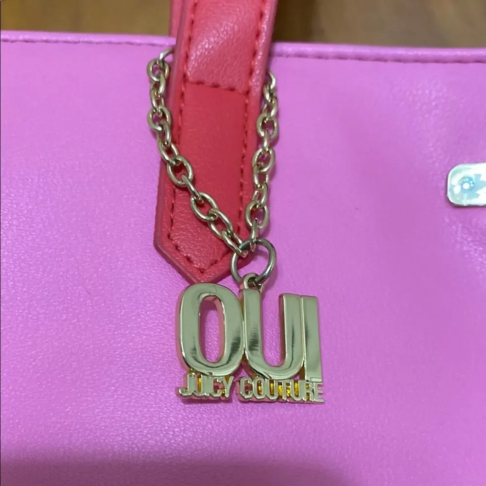 Juicy Couture “Just Say Oui!” Pink Red Glossy + Velvet Tote Bag w/ Charm Gold